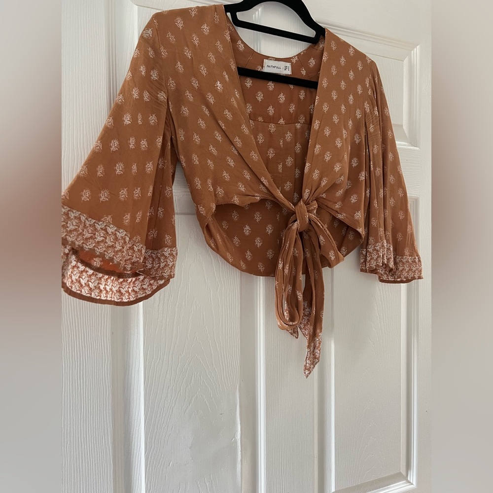Faithfull the Brand tie front crop top with bell sleeves